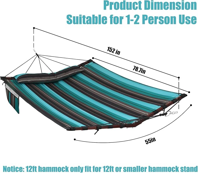 TegerDeger 12FT 2 Person Hammock Large Hammock 450LB Capacity with V Shaped Hardwood Spreader Bar & Nylon Rope for Outside, Patio, Garden, Backyard, Beach, Poolside - Teal Stripes - Image 6