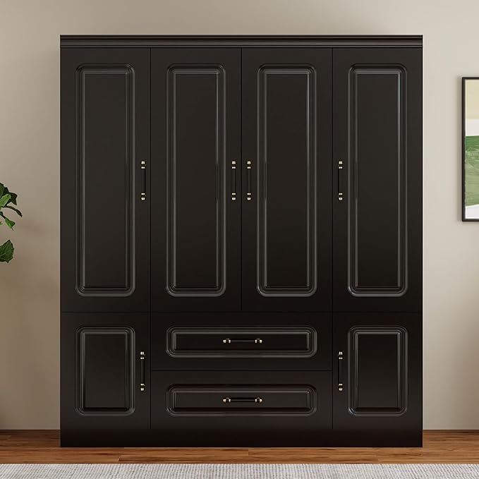 4-Door Modern Bedroom Armoire Wardrobe Closet with 2 Drawers & Hanging Rod, Smooth Black Storage Cabinet for Clothes/Shoes/Blankets 61.42" W x 20.67" D x 70.87" H (69)