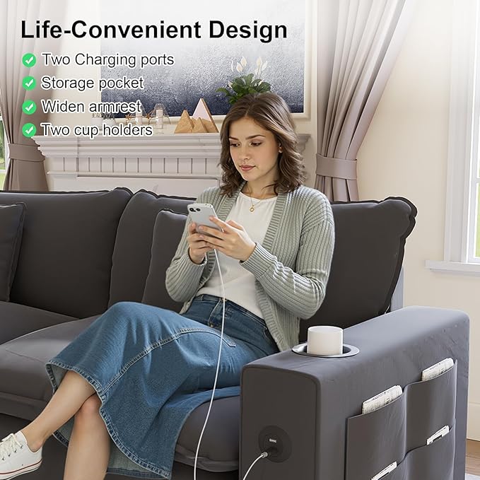 152" Modular Sectional Sofa, L Shaped Cloud Couch with Movable Ottoman, Chenille Deep Seat Cloud Sofa with Charging Station, Cup Holder, Side Pocket, Sectional Couches for Living Room, Grey