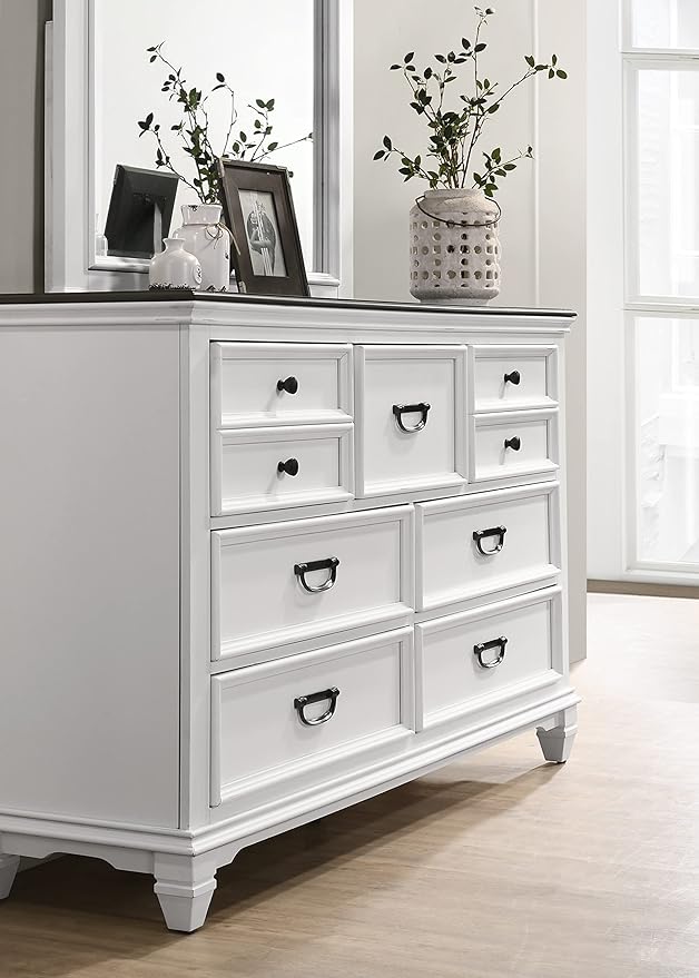 Clelane Wood Bedroom Set with Shiplap Panel Queen Bed, Dresser, Mirror, and Two Nightstands in Weathered White and Dark Gray