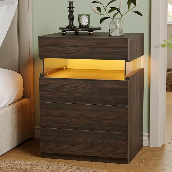 Bingoday Walnut LED Nightstand,Modern Night Stand with 4 Drawers,Tall Nightstand,Large Capacity,Multi-Color LED Lights,End Side Table for Bedroom by Bingoday
