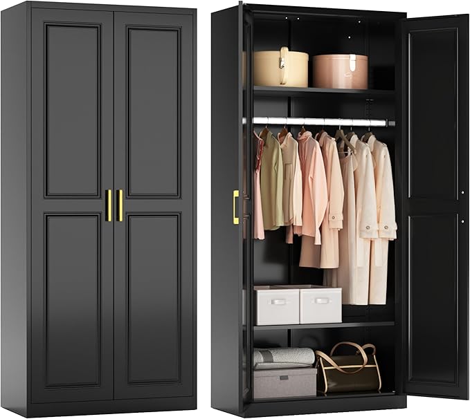 Polup Metal Armoire Wardrobe Closet with Hanging Rod, 71" Tall Wardrobe Cabinet for Clothes, Black Clothing Storage Cabinet with Doors and Shelves, Large Wardrobes for Bedroom, Office, School, Gym