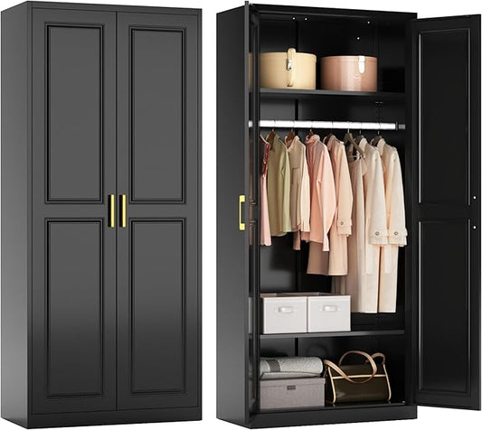 Polup Metal Armoire Wardrobe Closet with Hanging Rod, 71" Tall Wardrobe Cabinet for Clothes, Black Clothing Storage Cabinet with Doors and Shelves, Large Wardrobes for Bedroom, Office, School, Gym