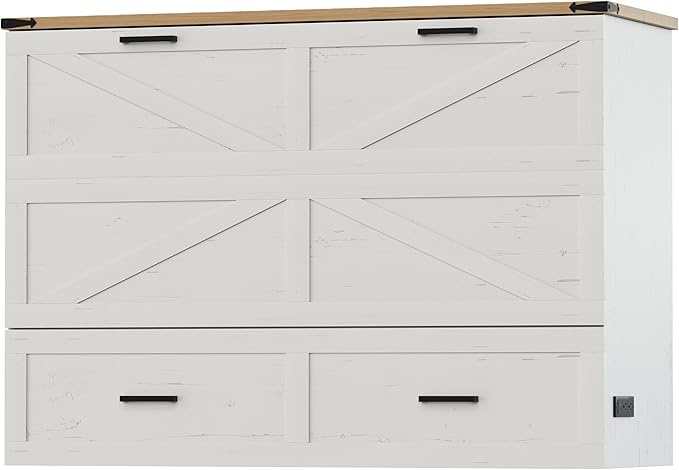 Bellemave Queen Murphy Bed, Cabinet Bed with Charging Station and 1 Large Storage Drawer, Farmhouse Murphy bedframe with Foldable Panel, Noisy Free, for Guest Bedroom, Living Room, White