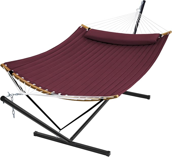 SUPERJARE Curved-Bar Hammock with Stand, 2 Person Heavy Duty Hammock Frame, Detachable Pillow & Portable Carrying Bag, Perfect for Outdoor & Indoor, Burgundy by SUPERJARE