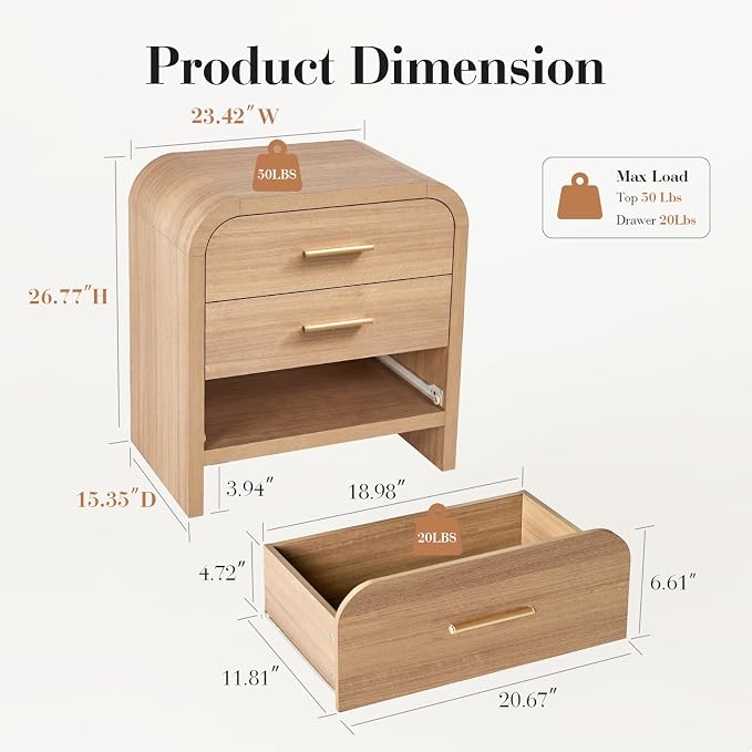 Night Stand Set of 2 [Unique Curved Profile] [FSC-Certified Wooden Board] 3-Drawer Nightstand 27" H Metal Handle Modern Sturdy Bedside Table - Image 7