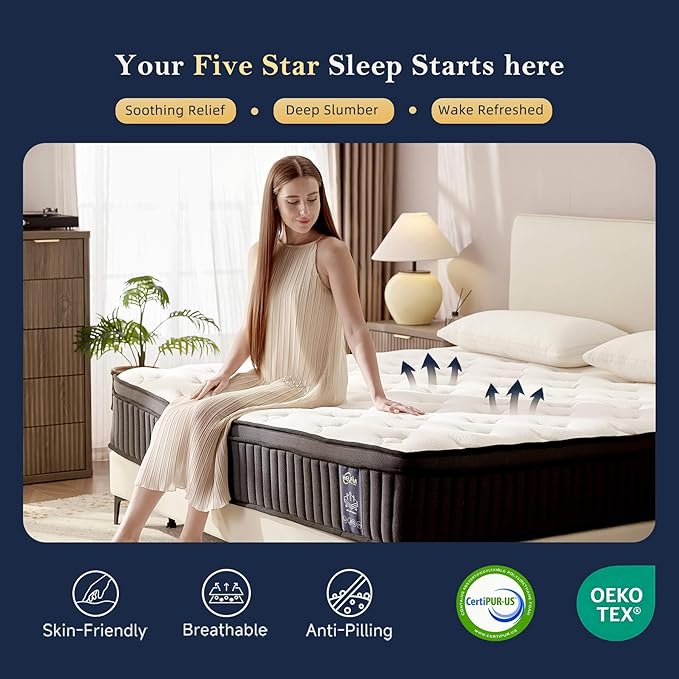 HELFIM® King Size Mattress - 14 Inch Medium Firm Ergonomic Mattress, Zoned Pocketed Coils & Memory Foam for Back Support & Motion Isolation, CertiPUR-US Certified, 365-Night Trial
