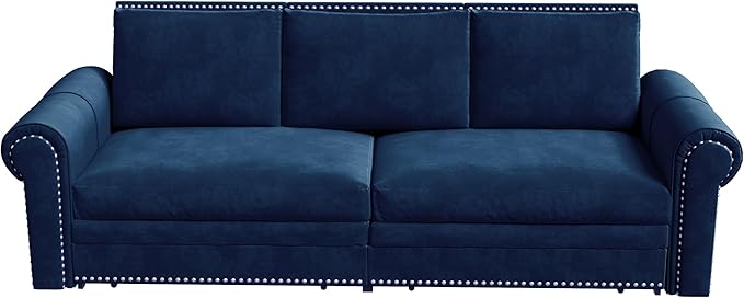 Ball & Cast 3-in-1 Convertible Sofa Bed,93.7" Velvet Pull Out Couch Bed King Size, Loveseat Sleeper Sofa with Nailhead Trim & Rolled Arm,Multi-Functional Sofa Couches for Living Room,Blue