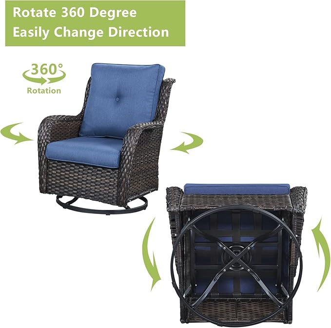 Rilyson Wicker Patio Furniture Set - 6 Piece Rattan Outdoor Sectional Conversation Sets with 2 Rocking Swivel Chairs,2 Ottomans and 2 Sofa for Porch Deck Garden(Brown/Blue)