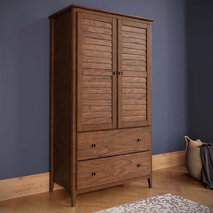 Grain Wood Furniture Greenport 2-Door Wardrobe, Solid Wood with a Brushed Walnut Finish