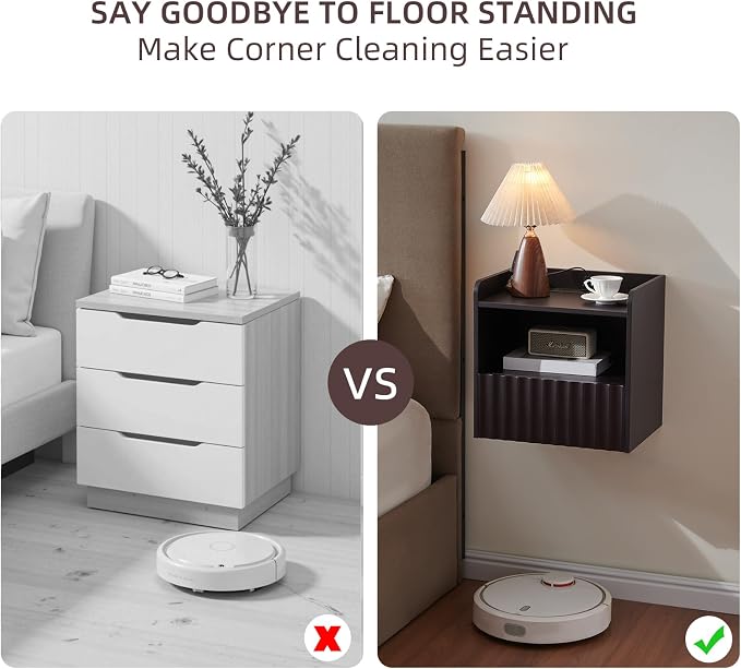 BuildHom Modern Fluted Floating Nightstand Wall Mounted Set of 2- Bedside Table with Storage Drawer & Display Shelf, Minimalist Bedroom Furniture for Studio Apartments(Espresso) - Image 5