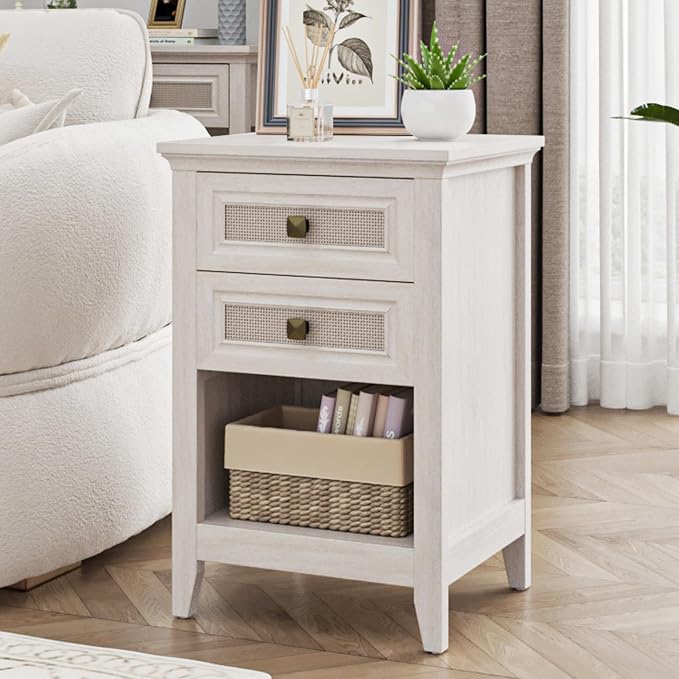 RoyalCraft Rattan Nightstand Set of 2, White Night Stand for Bedroom, Boho Bedside Table with 2 Drawers, Wood End Table for Small Space, Grayish White - Image 3