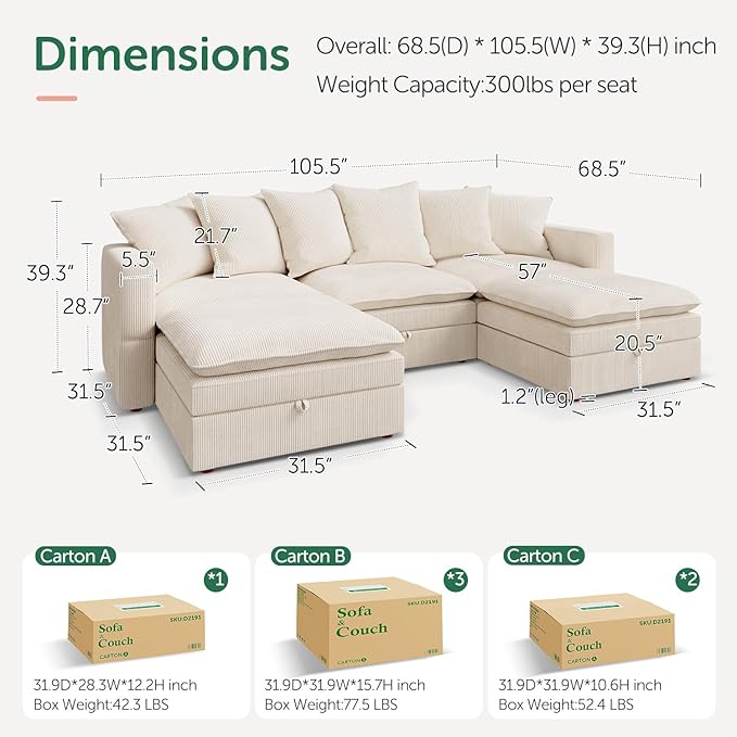 HONBAY Modular Sectional Sofa, 105.5 Inch Deep Seat U Shaped Couch with Storage & Adjustable Armrest Backrest, Beige