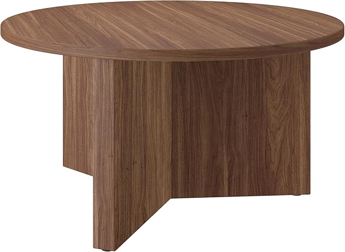 Henn&Hart 32" Round Wood Pedestal Coffee Table for Living Room, Family Room, Office, or Apartment, Medium Walnut
