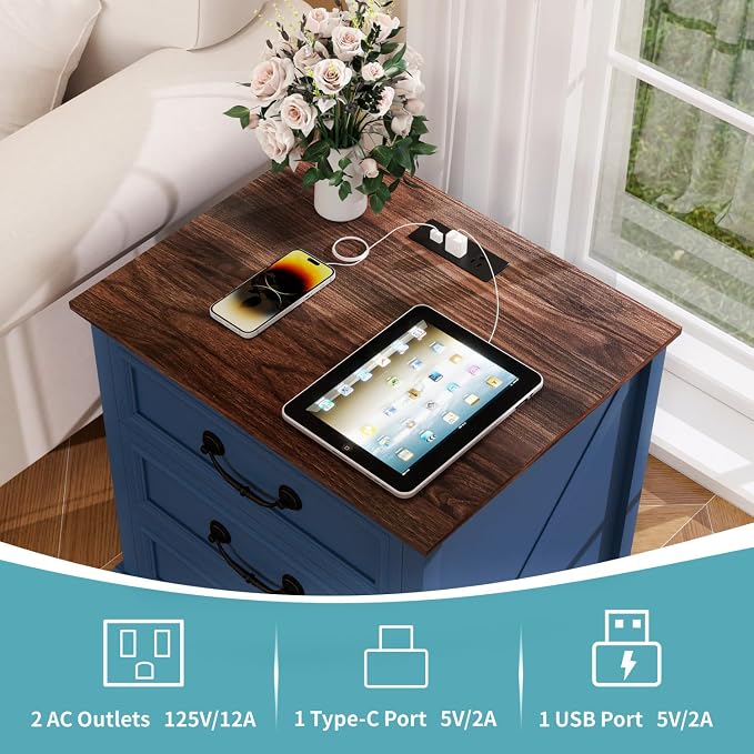 Vipbear 22" Nightstand with Charging Station 3 Drawer Large Blue Farmhouse Night Stand Wood Rustic Bedside End Table with Vintage Smile Handles Storage Space for Bedroom,Closet - Image 3