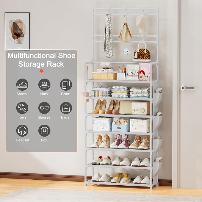 OYREL Shoe Rack 7 Tier Shoe Organizer Storage 21-28 Pairs Closet Shoes Rack for Front Door Entrance Shoe Rack Organizer with Hooks Side Pocket Entryway Large Capacity Shoe Shelf Tower Garage - Image 9