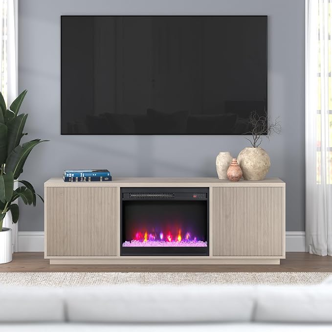 Henn&Hart Fluted TV Stand for TVs up to 75" with 26" Electric Crystal Rocks Fireplace and Ribbed Side Storage Cabinets for Living Room, Family Room, or Office, Beech White - Image 2