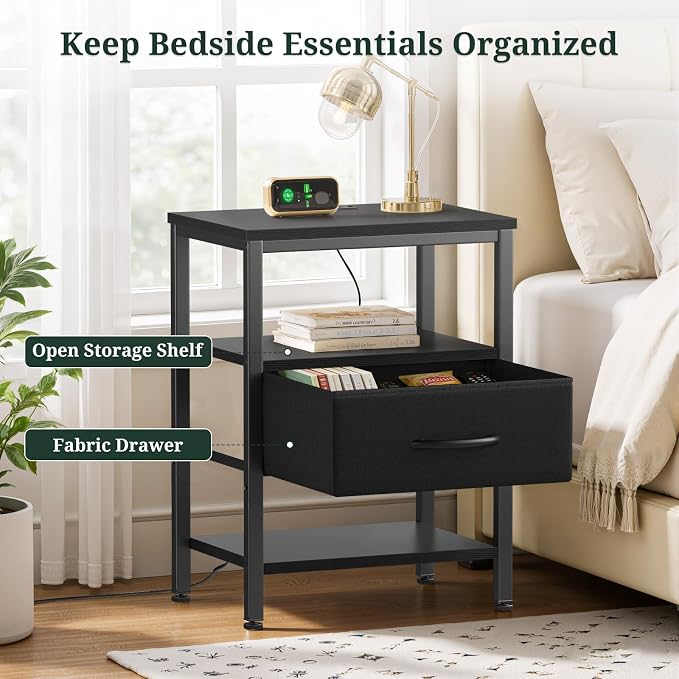 Nightstand with Charging Station, Bedside Table with USB Ports & Outlets, Small Dresser End Table with Fabric Drawer and Open Storage Shelf, Wooden Top for Bedroom, Black - Image 4
