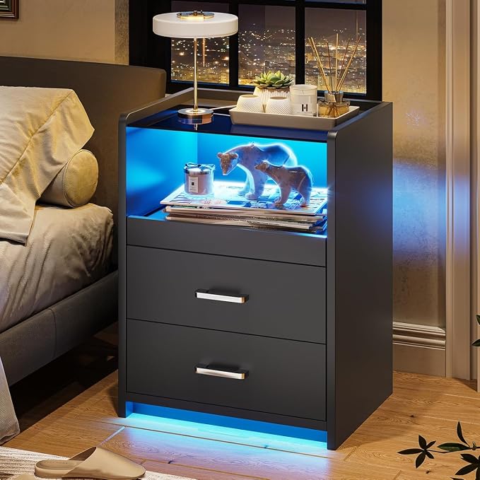 VIAGDO Nightstand with Charging Station and LED Lights, Black Night Stand with Glass Top and Storage Drawers, End Side Tables with Pull-Out Tray and USB Ports, Modern Bedside Tables for Bedroom by VIAGDO