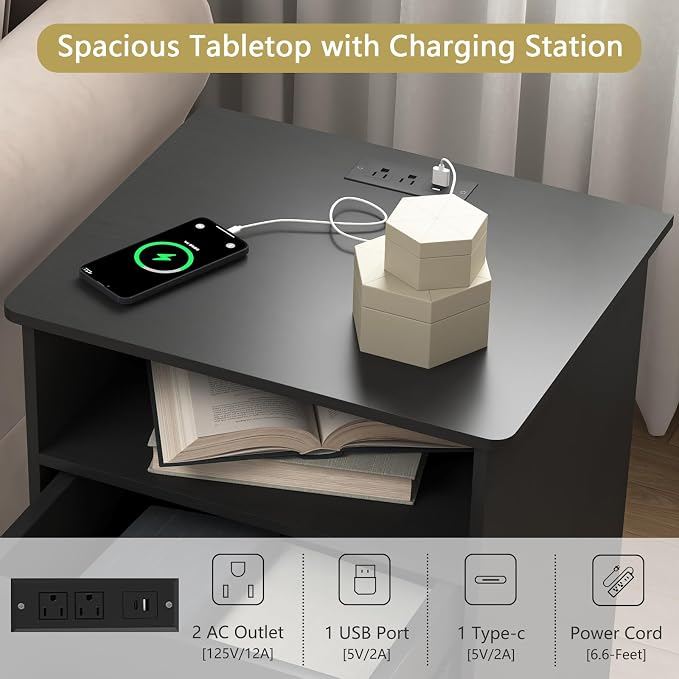 Black Nightstand Set of 2 with Charging Station,Modern Night Stand with 2 Drawers and Open Shelf,Bedisde Table with Storage for Bedroom, End Side Table for Living Room - Image 4
