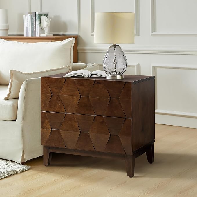 HULALA HOME Modern End Table with Charging Station, 2 Drawers Side Table with Solid Wood Legs, Walnut by HULALAHOME