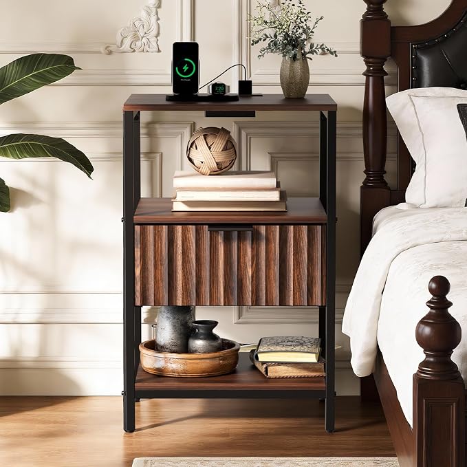 Bonnlo Fluted Nightstand with Charging Station, End Table with Fabric Drawer, Night Stand with Storage Shelf & Handle, Fluted Side Table for Bedroom/Living Room,Walunt - Image 8