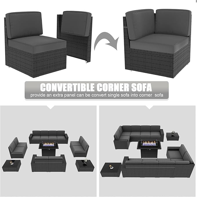 LayinSun 13 Pieces Outdoor Patio Furniture Set with 44" Fire Pit Table Rattan Sectional Sofa Conversation Sets