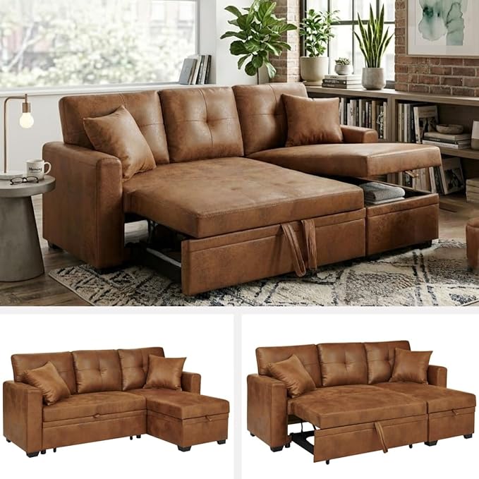 Sectional Sleeper Sofa with Pull Out Bed, L Shape Convertible Sofa Bed Couch with Storage Chaise, 3 in 1 Pull Out Sofa Bed with 3 Seats, for Living Room,Apartment, PU Brown, 76 Inch