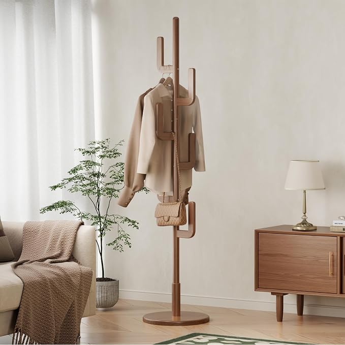 Muwuele Solid Wood Cactus Coat Rack, Freestanding Coat Rack With 6 L-Shaped Hooks and 3 Adjustable Sizes, Coat Tree for Bedroom, Entryway, Livingroom, Coat Hanger Stand for Coats, Handbags (Walnut) - Image 8