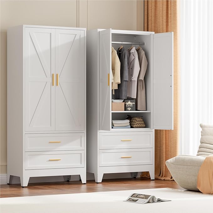 LCAOPC 71" Tall Metal Wardrobe Cabinet with 2 Drawers and Hanging Rod, 2 Doors Armoire Wardrobe Closet with Shelf for Bedroom, Office, Laundry Room, White