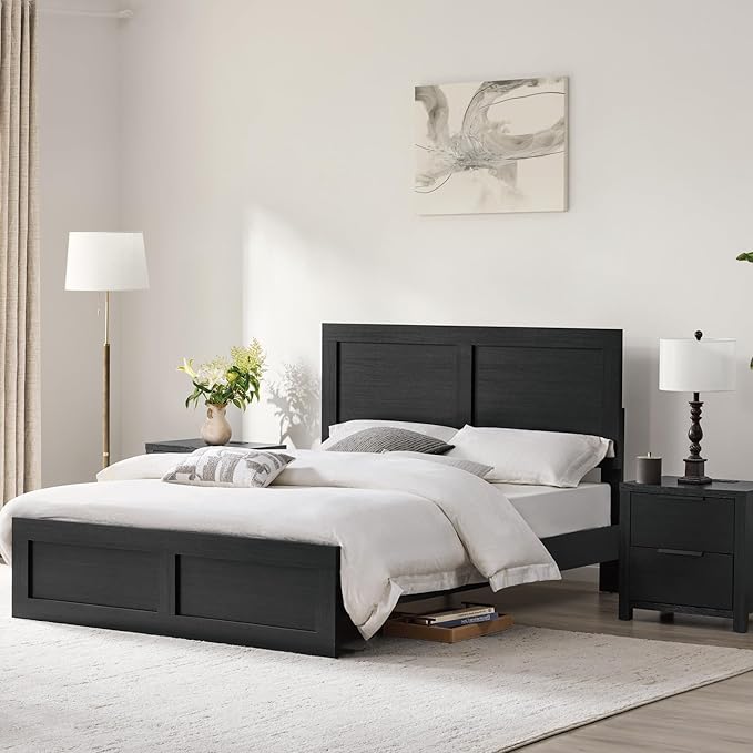 KISLOT 3 Pieces Bedroom Set, Wood Bed Frame with Upholstered Headboard & 2 Nightstands with Storage, Wooden Platform Mattress Foundation Farmhouse Bedroom Furniture Set