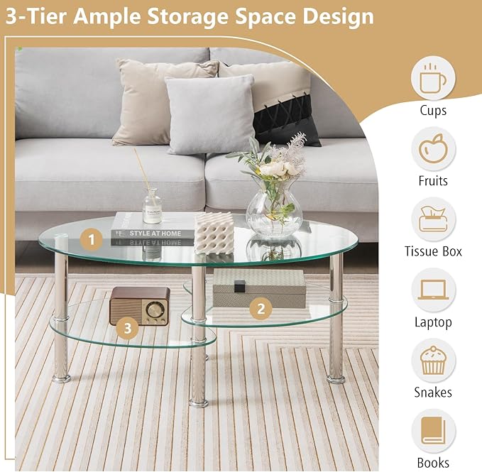 Giantex Oval Glass Coffee Table - 3-Tier Transparent Tempered Glass Table W/Sturdy Chrome Plated Legs, Small Sofa Side Table, End Table for Living Room, Bedroom, Office, 35"× 20" ×18" (Clear)