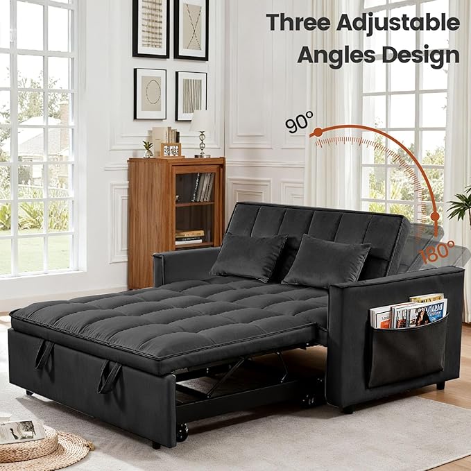 Pull Out Couch, Loveseat Sleeper Sofa Bed with Side Pockets, 3 in 1 Velvet Fabric Convertible Sofa Bed with Adjustable Backrest for Living Room, Bedroom, Apartment, Black