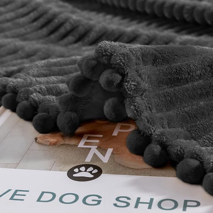 DISSA Fleece Blanket Throw Size ?€? 51x63, Black ?€? Soft, Plush, Fluffy, Fuzzy, Warm, Cozy ?€? Perfect Throw for Couch, Bed, Sofa - with Pompom Fringe - Flannel Blanket Throw Blanket