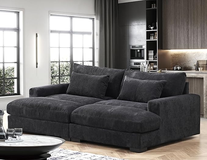 Luxe Sleeper Sofa with Soft Corduroy Upholstery, Double Chaise Design, Convertible to Twin Size Bed, Modern and Comfortable Living Room Couch, 89.9" Wide, Black