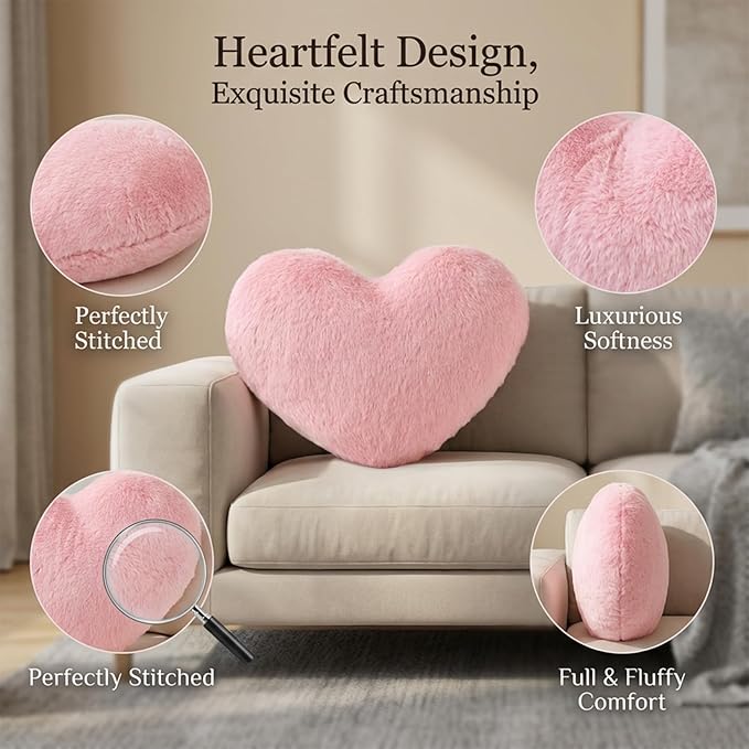 RAINFLOW Decorative Heart Pillow – Throw Pillow for Room Decor, Pink Throw Pillows Plush Faux Fur, Decorative Pillows for Bed Couch Bedroom, Christmas Pillows Gift