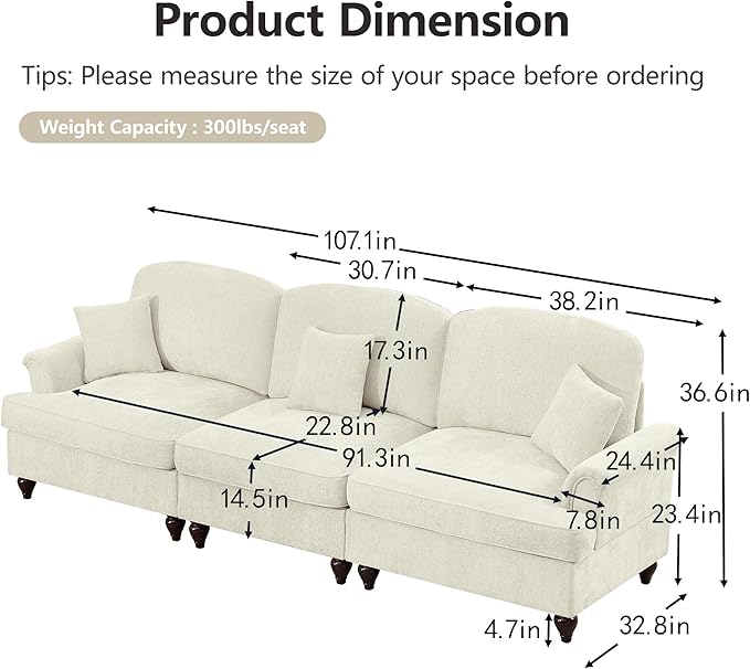KEIKI Mid Century Modular Sofa with Flared Arms and Skirted Design, 107” Oversized 3-Seater Chenille Sectional Couches Set for Living Room, Modern Comfortable for Living Spaces, Beige White