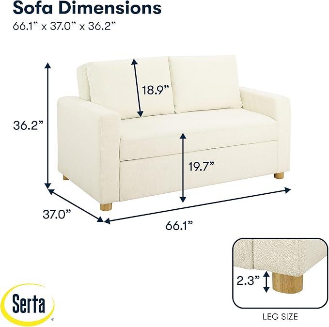 Serta Tulsa 66.1" Convertible Sleeper Loveseat, Full Size, Dreamcoil Comfort, FingerGuard Pinch Point Protection, Boucle Fabric, Ivory