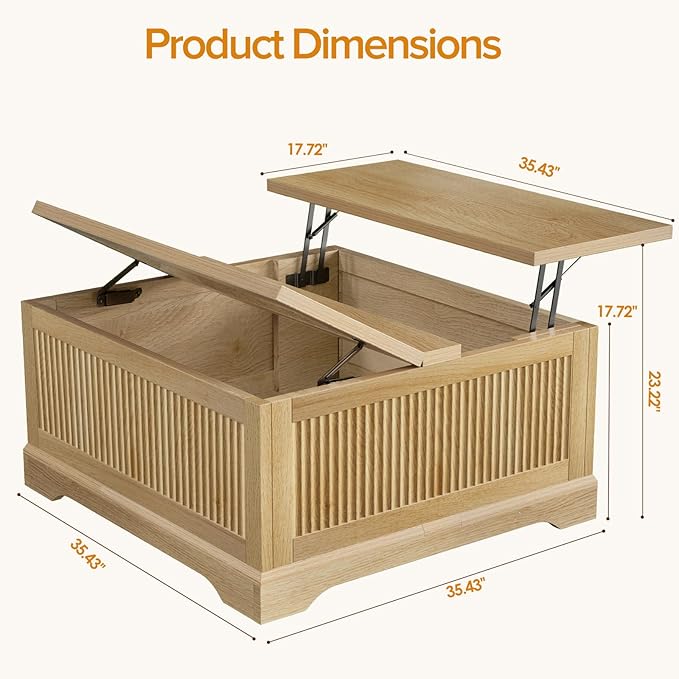 Lift Top Coffee Table with Storage,Fluted Coffee Tables with Lifting Top,Modern Farmhouse Square Center Table for Living Room, Home Office, with Hidden Compartment, Flip-Up Lids, Natural Oak