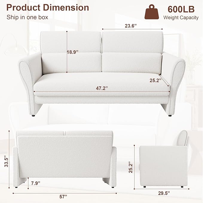 IDEALHOUSE Couches for Living Room, 57" Loveseat Sofa, Modern Boucle Small Couch with High Backrest and Removable Lumbar Pillows, Easy Assembly, Upholstered Comfy Sofa for Bedroom Office, Ivory