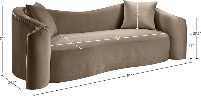Meridian Furniture 44052Taupe-S Destin Collection Modern | Contemporary Sofa with Ultra Luxe Taupe 460 GSM Velvet, Rich Curves, 91" W x 34.5" D x 31" H, Taupe
