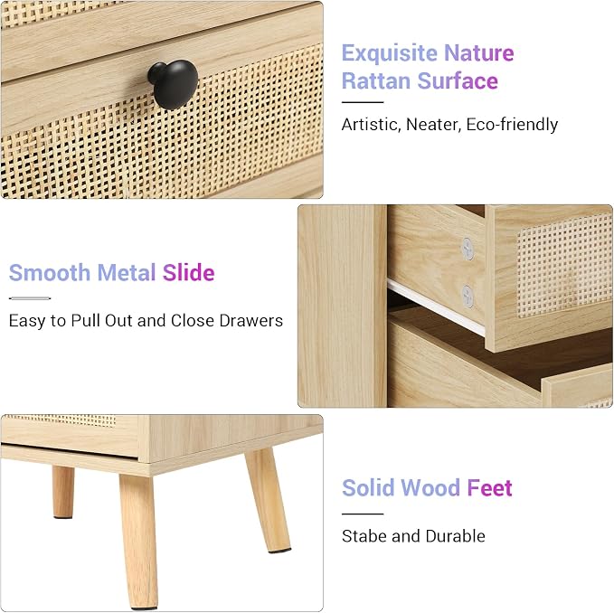 AOGLLATI Rattan Nightstands Set of 2 with Charging Station and LED, Bed Side Tables with 2 Drawers and Open Storage, Wood End Tables, Organic Modern Night Stands for Bedroom - Image 7