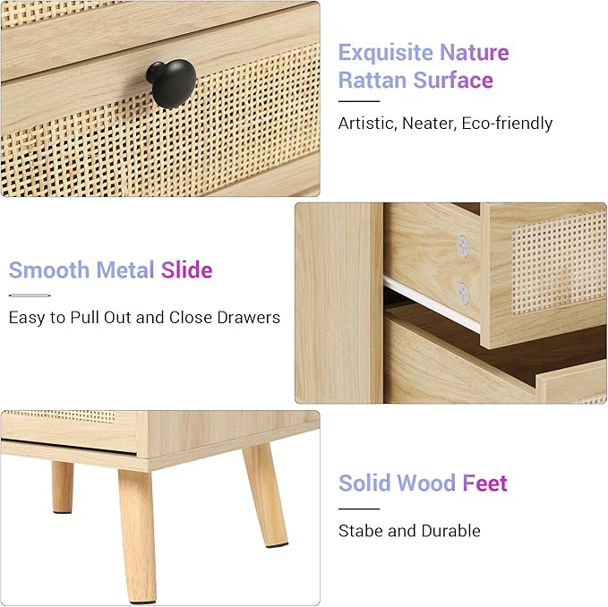 AOGLLATI Rattan Nightstands Set of 2 with Charging Station and LED, Boho Night Stand with 2 Drawers and Open Storage, Boho Wood Bedside Table for Bedroom - Image 6