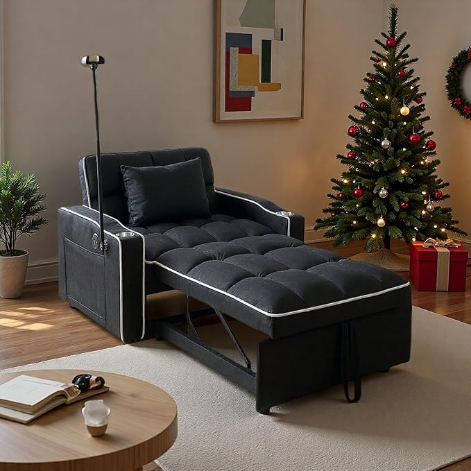 Convertible Sleeper Chair, Pull Out Chair Sleeper with Bracket and Cup Holder, 3 in 1 Sofa Bed Chairs for Adults, Chairs Bed Sleepers for Small Spaces, Living Room, Black