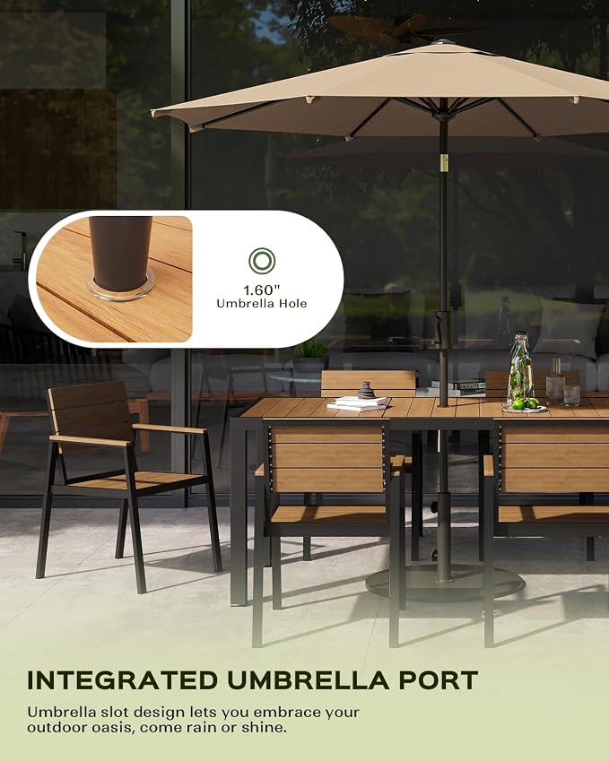 Vexwalx 67" HDPS Outdoor Patio Dining Table, Aluminum-Edged Outdoor Dining Table with Umbrella Hole, Weather-Resistant for Lawn, Garden, Poolside and Indoor Use, Gray&Teak - Image 6