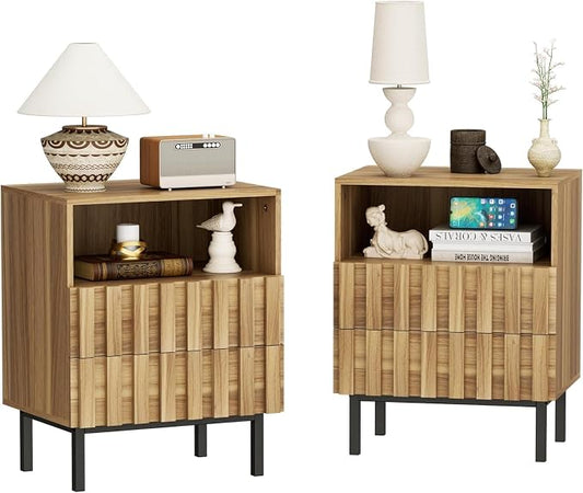 UEV Mid Century Modern Fluted Nightstand Set of 2, 2 Drawers End Table with Storage Space, Accent Solid Wood Bedside Table for Bedroom, Living Room (Wood Color, Set of 2) by YourHomeExcellentVendor