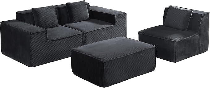Rowan Convertible Corduroy Sectional Couch with Ottoman & Pillows, Modular L Shaped Sleeper Sofa, Boneless Cloud Couch for Living Room Furniture, Black