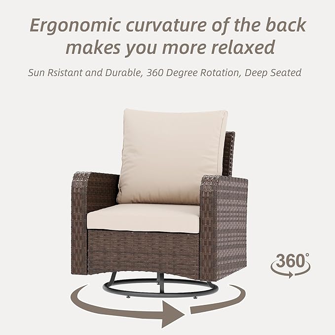 HOMREST 5 Piece Outdoor Patio Furniture Set-360 Wicker Swivel Chairs Set of 2 w/ 2 Ottoman, Coffee Table & Cushions Patio Bistro Set for Garden, Balcony (Khaki)