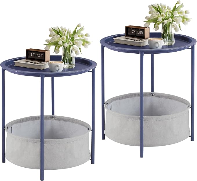 VECELO Round Side/End Table with Fabric Storage Basket，Metal Anti-Rust and Waterproof Small Bedside Nightstand with Removable Tray Top for Living Room，Balcony & Laundry，Blue /2pcs with Basket by VECELO