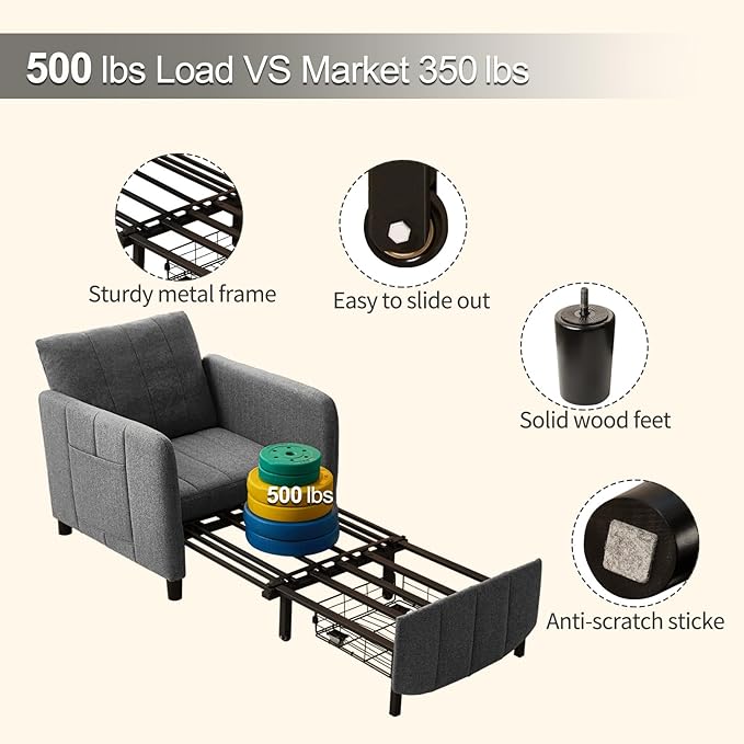 ZZW Sleeper Chair 84" Extra Long Convertible Chair Bed Upgraded 3-in-1 to 4-in-1 Pull Out Chair & Single Sofa Bed for Adult Sleeping Chair for Living Room & Small Space (Dark Grey)